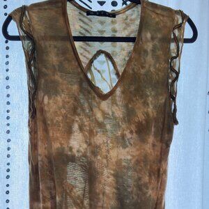 Women's gold/green tie dye shirt with silk chiffon dragonfly wing insert (L)